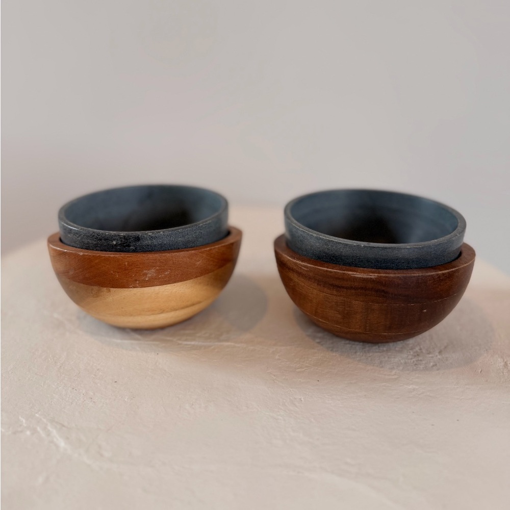 SOAPSTONE & WOOD ICE CREAM BOWL SET FREEZABLE BOWL INSULATING WOOD BOWL MODERN - Picture 6 of 9